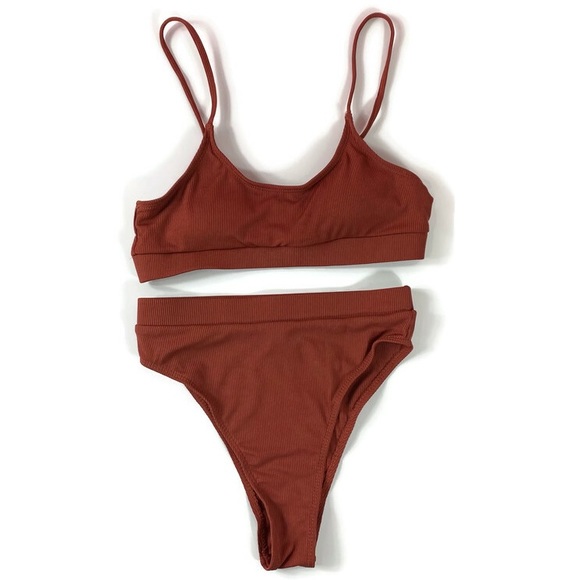 Matte Collection Swimwear Orion Burgundy/Brown Ribbed 2 Piece Set - Picture 2 of 12